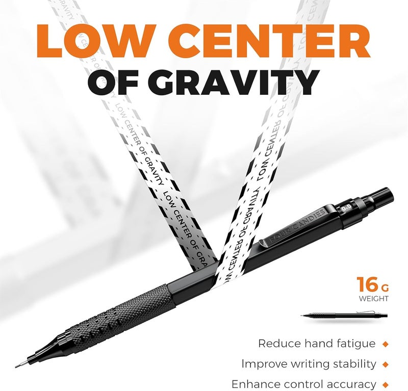 Four Candies 2PCS Metal Mechanical Pencils Set with Case, 0.5mm & 0.7 mm Artist Pencil with 6 Tubes (360PCS) HB Lead Refills, 3 Erasers,9 Eraser Refills For Writing Drafting, Drawing, Black - Image 5